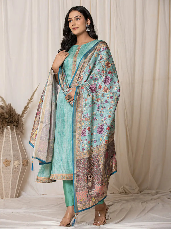 Yufta Cotton Sky Blue A-Line Kurta Dupatta Set