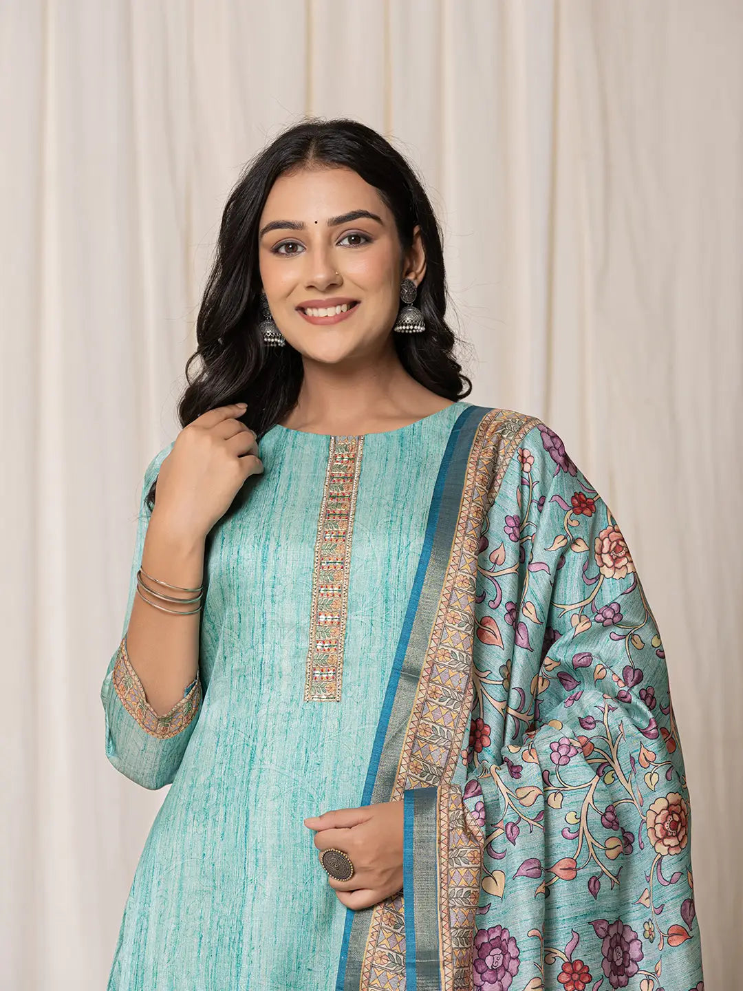 Yufta Cotton Sky Blue A-Line Kurta Dupatta Set
