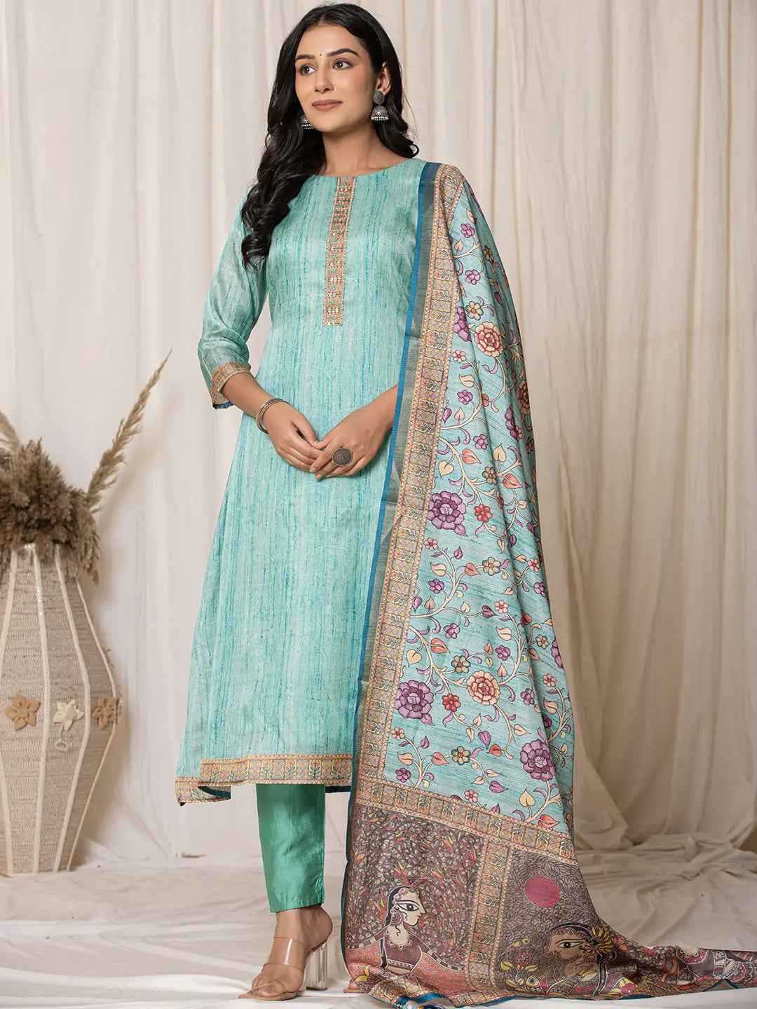 Yufta Cotton Sky Blue A-Line Kurta Dupatta Set