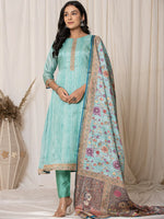 Thumbnail for Yufta Cotton Sky Blue A-Line Kurta Dupatta Set