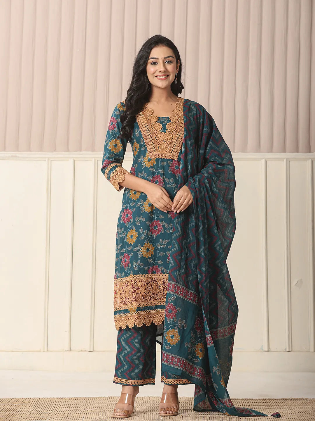 Yufta Cotton Teal Blue Kurta Dupatta Set With Lace Detailing - Distacart