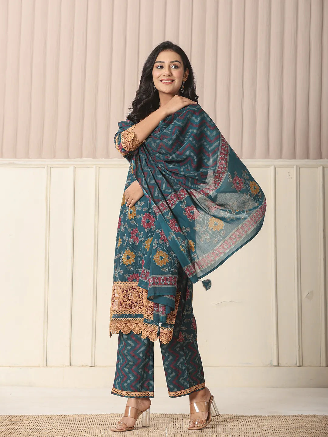 Yufta Cotton Teal Blue Kurta Dupatta Set With Lace Detailing