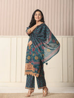 Thumbnail for Yufta Cotton Teal Blue Kurta Dupatta Set With Lace Detailing
