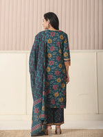 Thumbnail for Yufta Cotton Teal Blue Kurta Dupatta Set With Lace Detailing