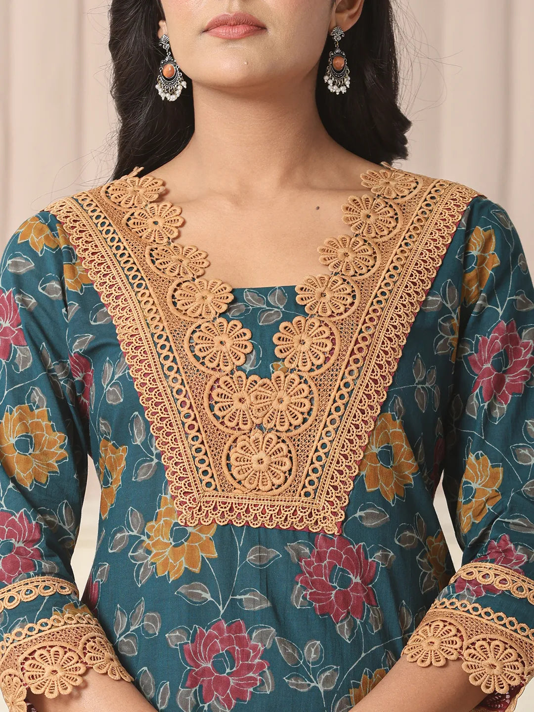Yufta Cotton Teal Blue Kurta Dupatta Set With Lace Detailing