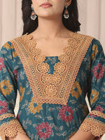 Thumbnail for Yufta Cotton Teal Blue Kurta Dupatta Set With Lace Detailing