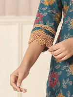 Thumbnail for Yufta Cotton Teal Blue Kurta Dupatta Set With Lace Detailing
