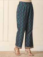 Thumbnail for Yufta Cotton Teal Blue Kurta Dupatta Set With Lace Detailing