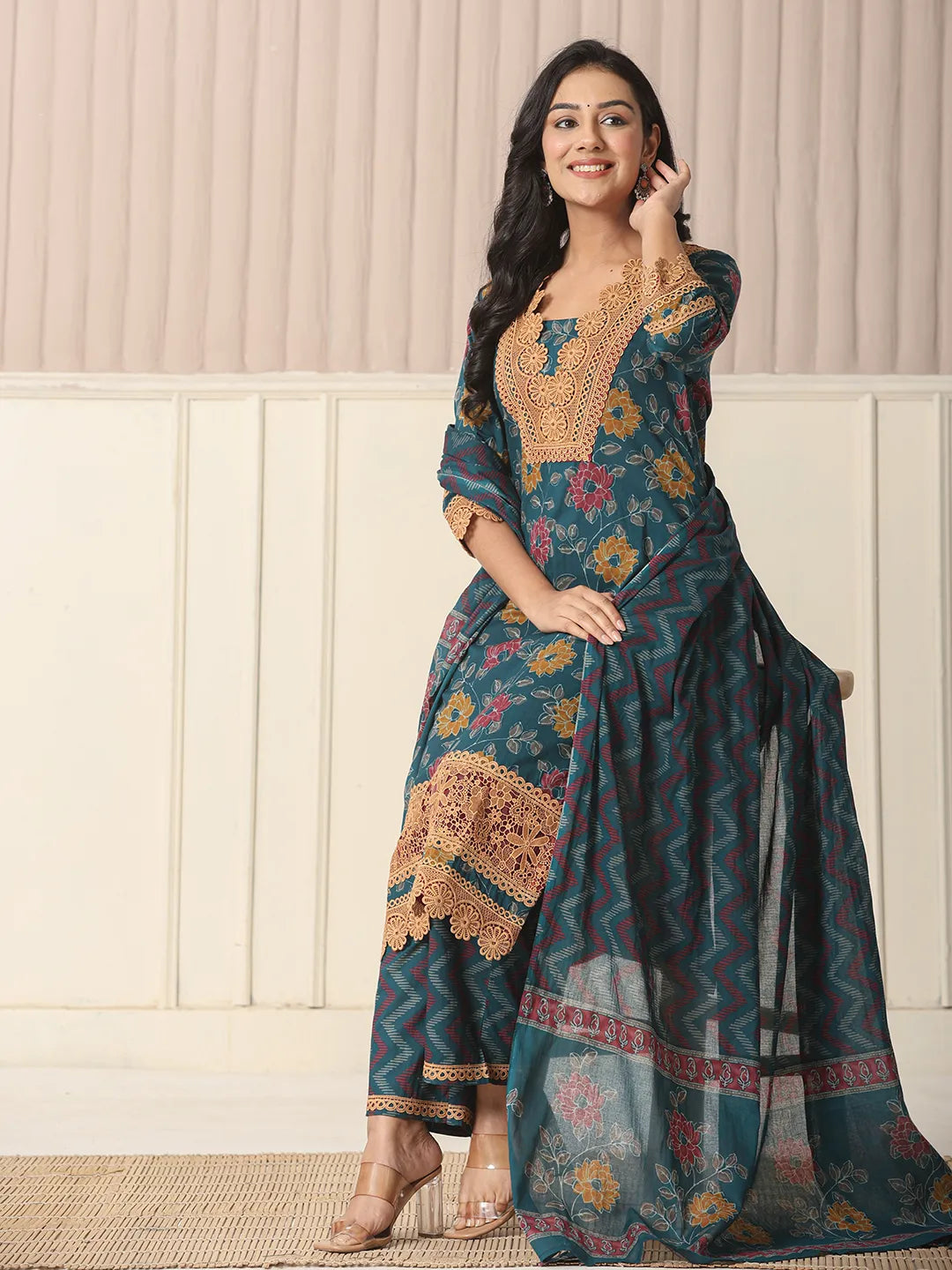 Yufta Cotton Teal Blue Kurta Dupatta Set With Lace Detailing