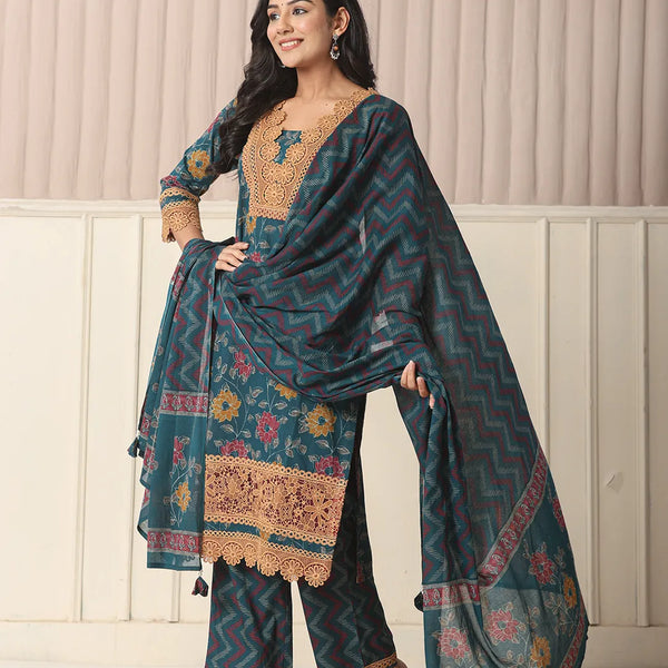 Yufta Cotton Teal Blue Kurta Dupatta Set With Lace Detailing - Distacart