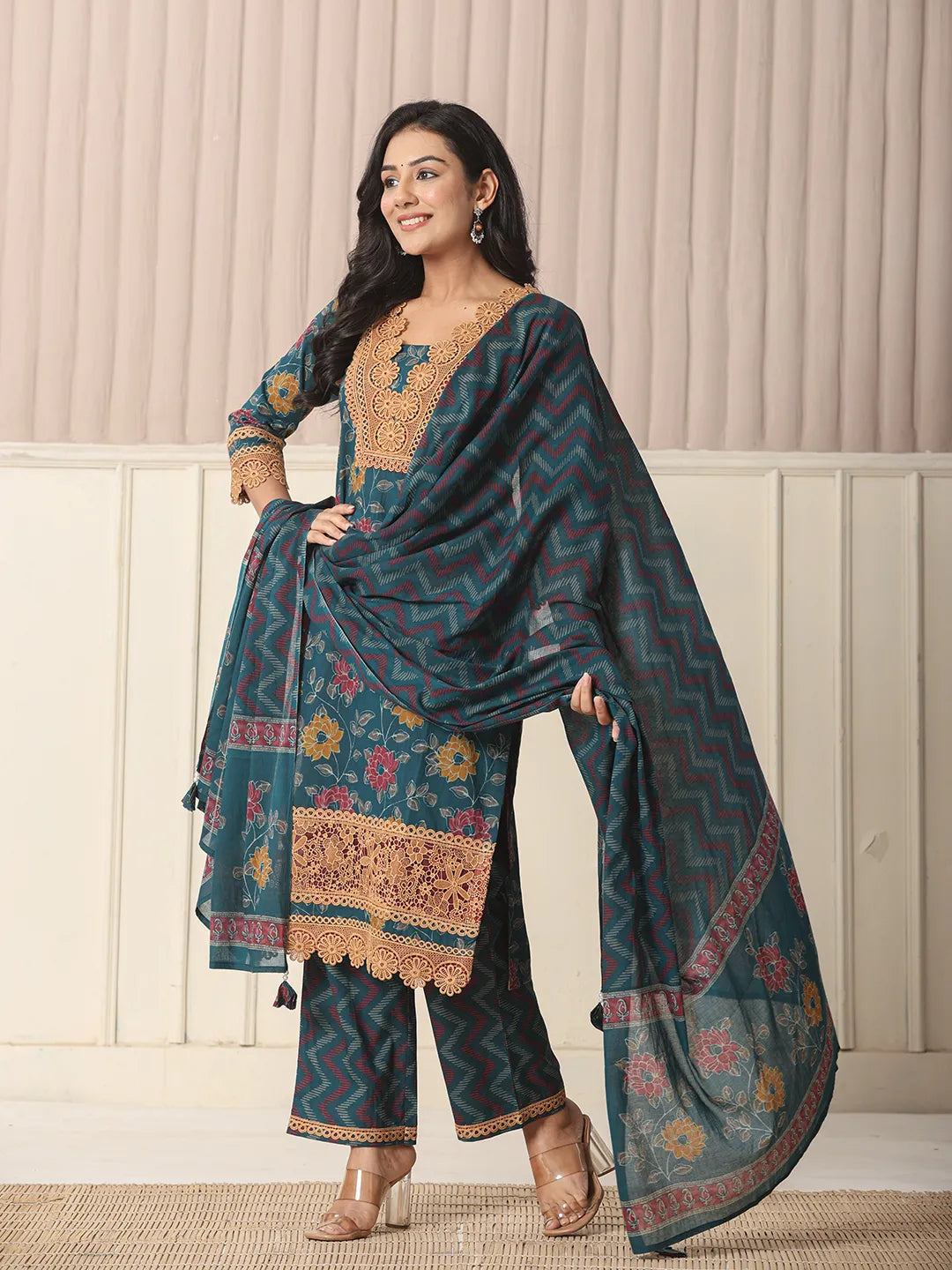 Yufta Cotton Teal Blue Kurta Dupatta Set With Lace Detailing - Distacart