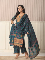 Thumbnail for Yufta Cotton Teal Blue Kurta Dupatta Set With Lace Detailing
