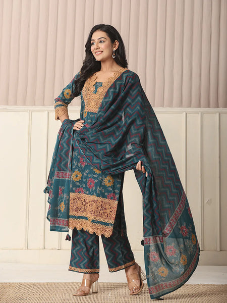 Yufta Cotton Teal Blue Kurta Dupatta Set With Lace Detailing