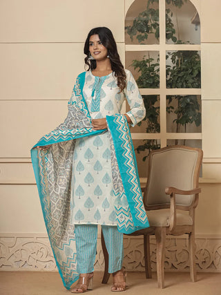 Yufta Cotton Turquoise Blue And White Kurta Dupatta Set