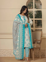 Thumbnail for Yufta Cotton Turquoise Blue And White Kurta Dupatta Set