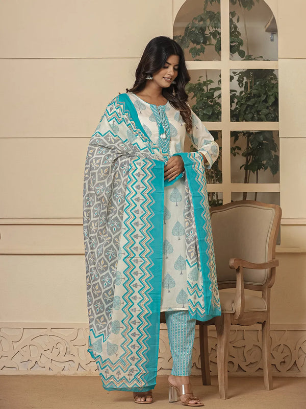 Yufta Cotton Turquoise Blue And White Kurta Dupatta Set