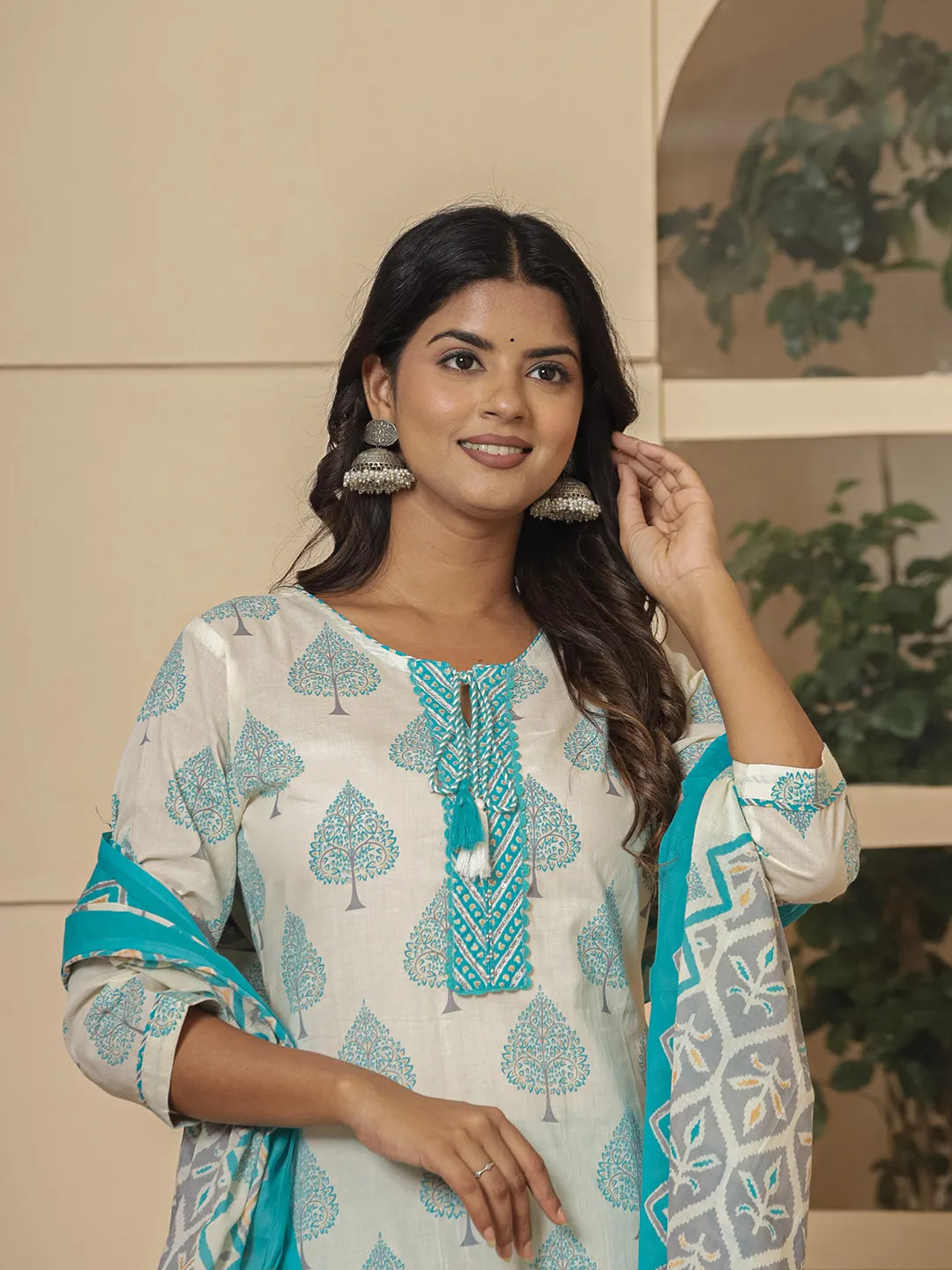 Yufta Cotton Turquoise Blue And White Kurta Dupatta Set