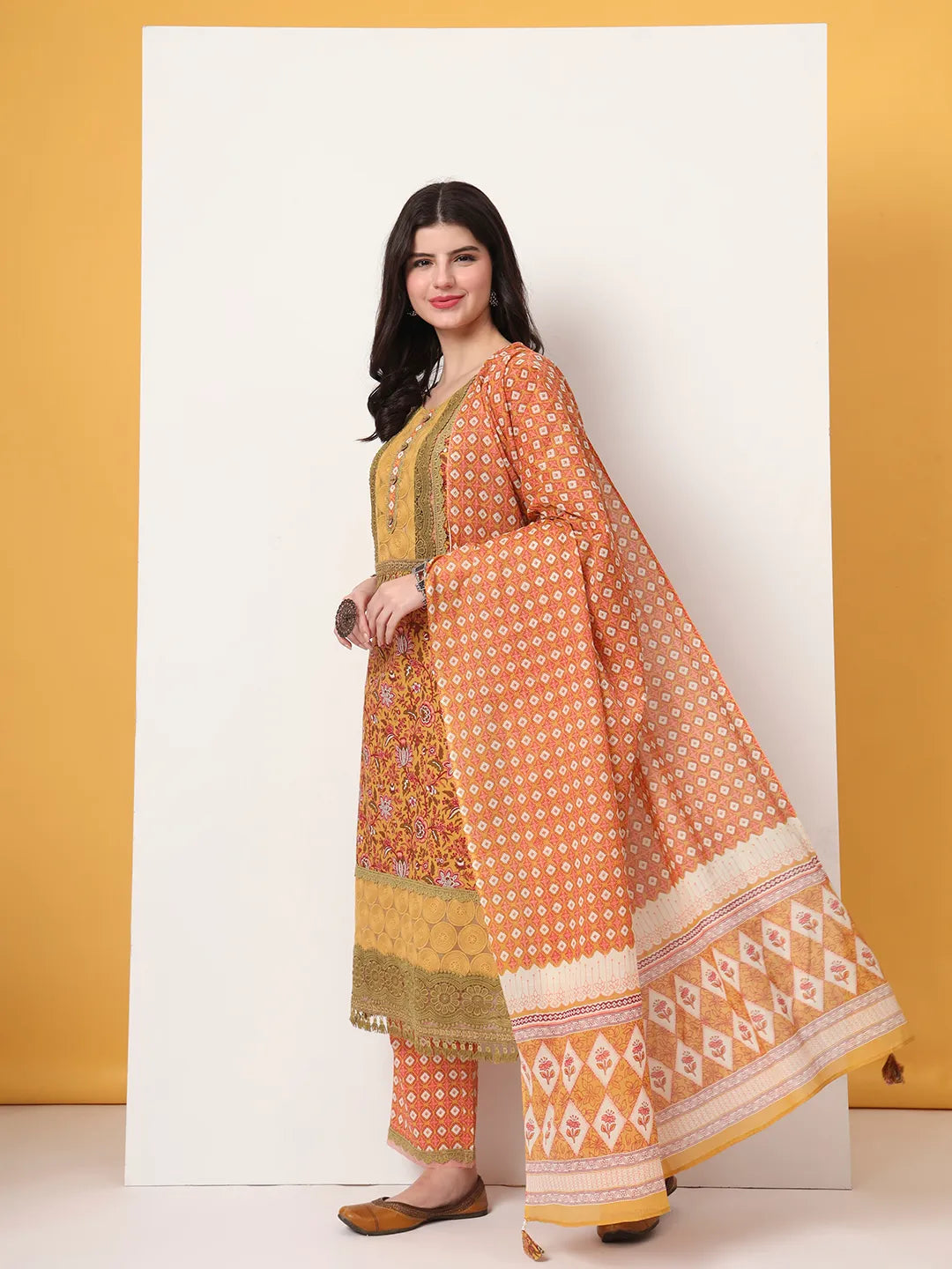 Yufta Cotton Yellow Kurta Dupatta Set With Lace Detailing - Distacart