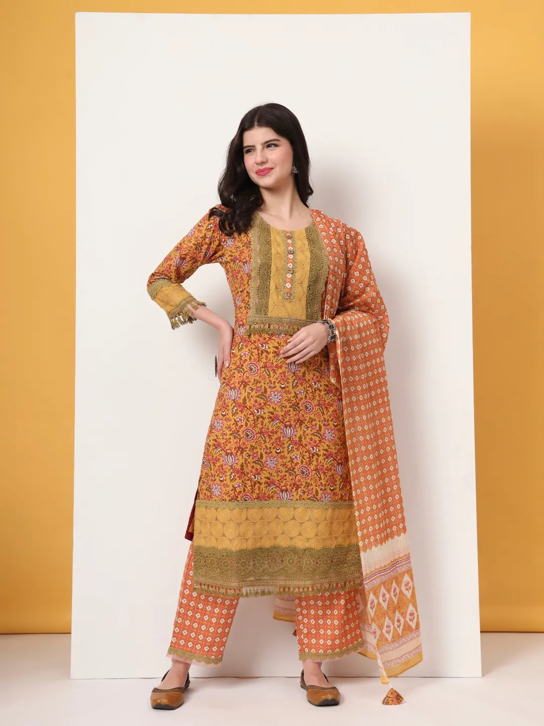 Yufta Cotton Yellow Kurta Dupatta Set With Lace Detailing - Distacart