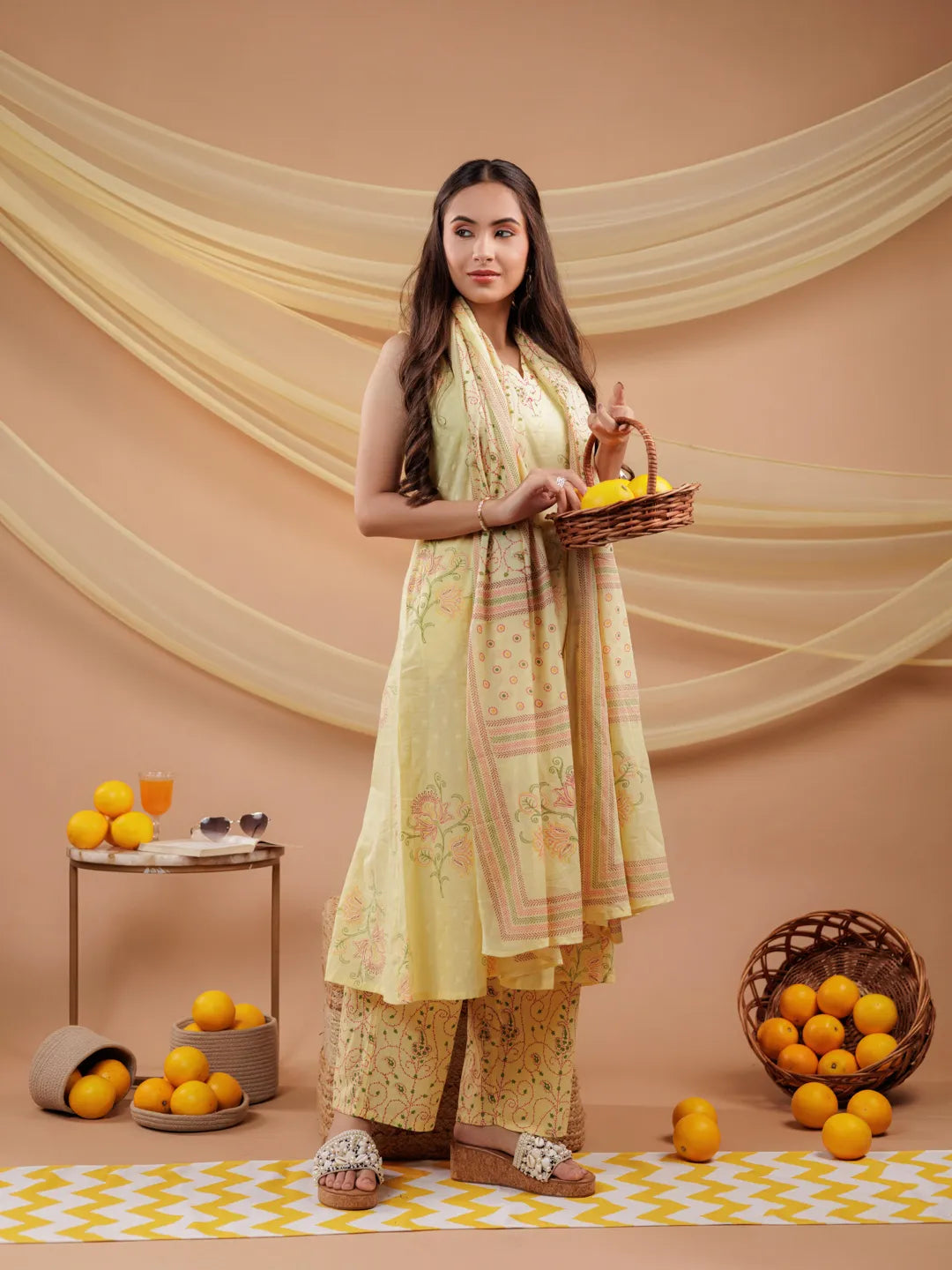 Yufta Cotton Yellow Sleeveless Kurta Dupatta Set - Distacart