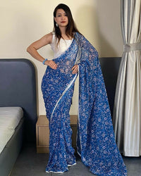 Thumbnail for Malishka Georgette Printed Ready To Wear Saree With Blouse Piece - Blue - Distacart