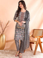 Thumbnail for Ode by House of Pataudi Thread Work Pure Cotton Straight Kurta with Trousers & Dupatta - Distacart