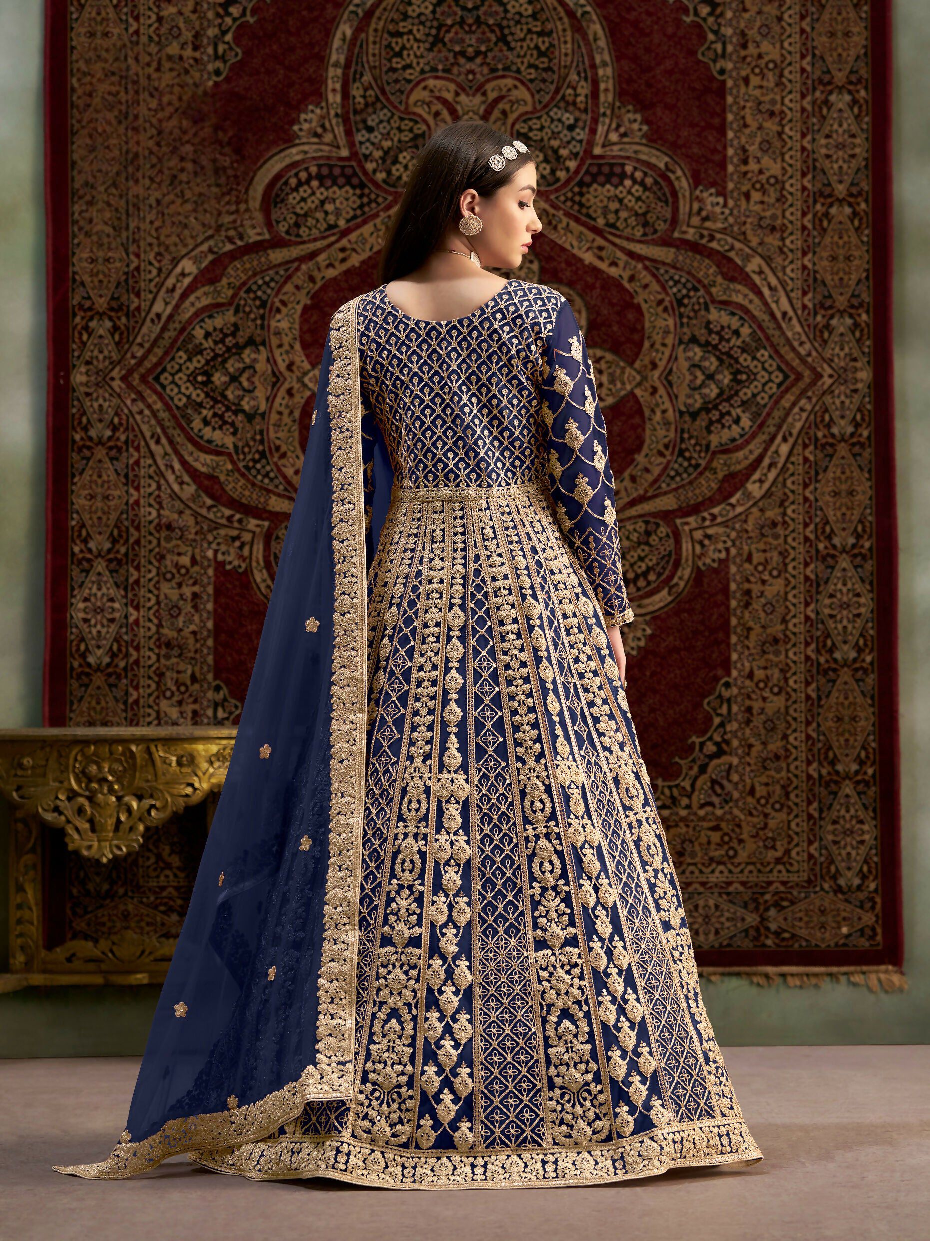 Anaita Navy Blue Embroidered Net Anarkali Suit - Distacart