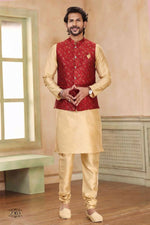 Thumbnail for Raivat Ethnic Jacquard Banarasi Silk Woven Work 3 Pics Jacket Set In Maroon Colour - Distacart