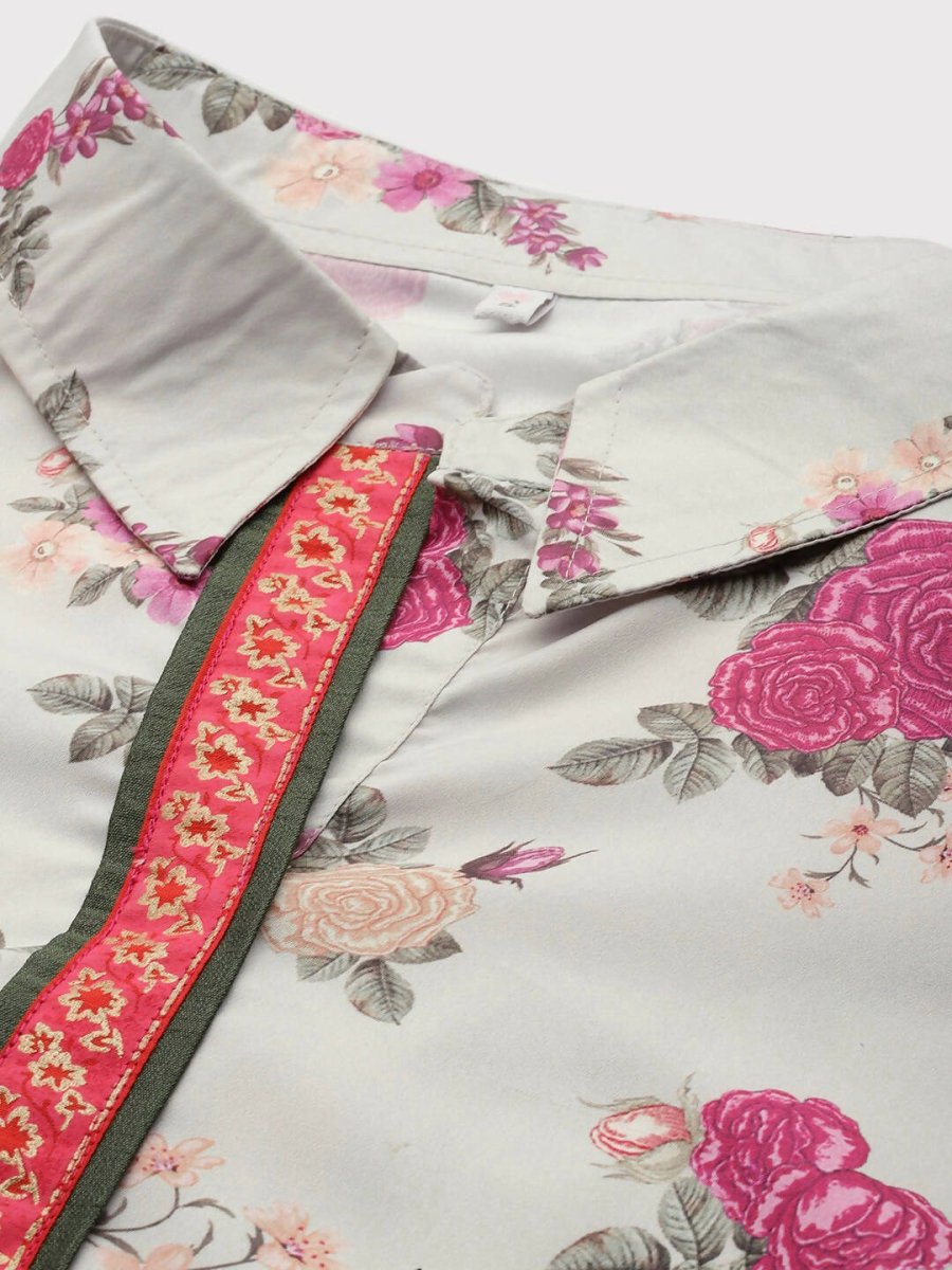 Ahalyaa Women Floral Printed Tunic with Palazzos - Beige Color - Distacart