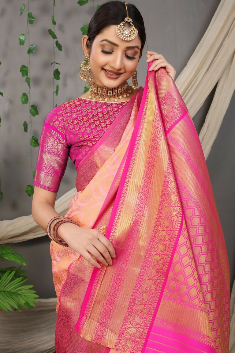 Jyoti Fashion Women's Peach Kanjivaram Silk Zari Woven Saree with Blouse - Distacart