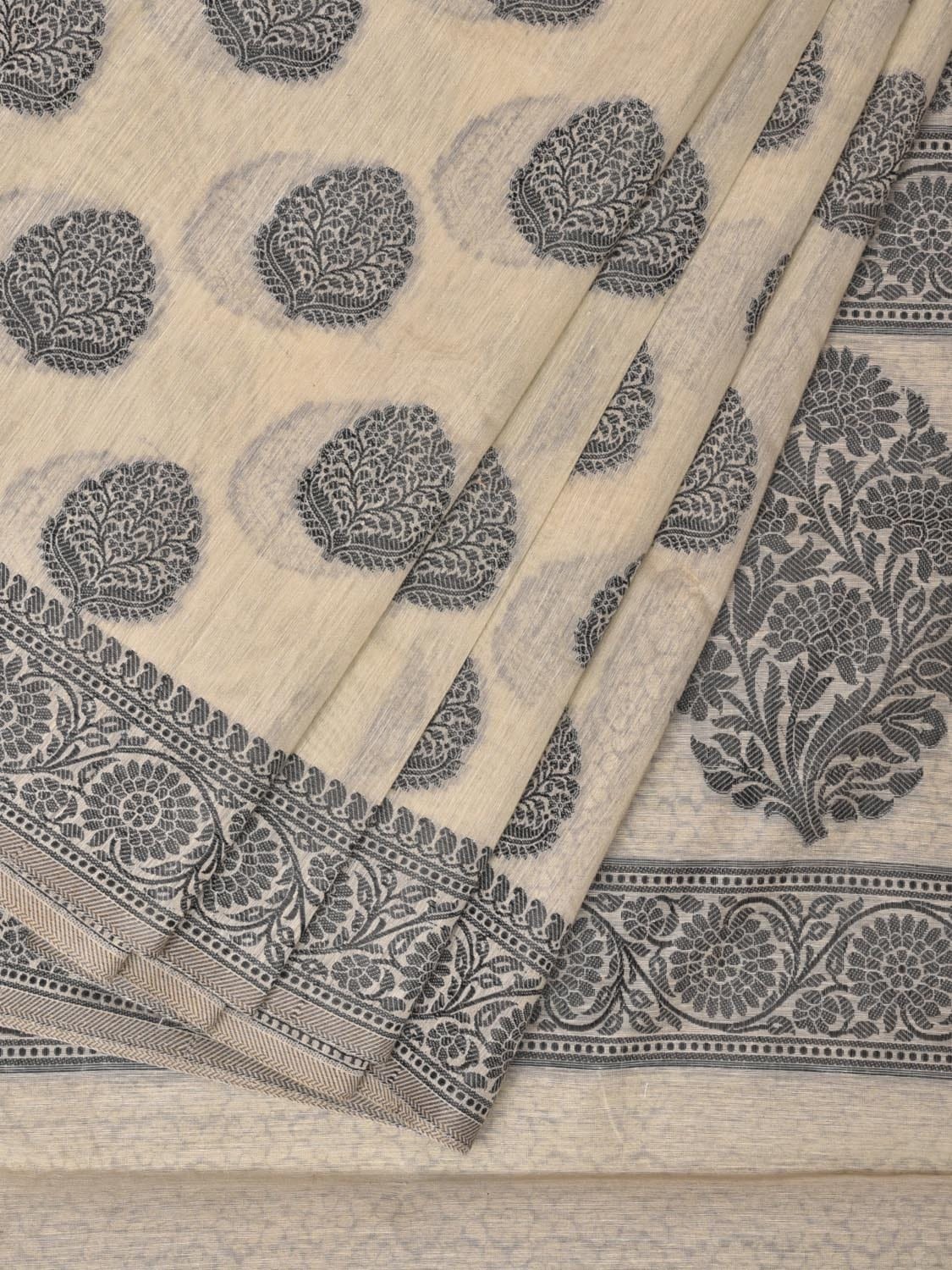 Cream and Black Cut Work Sico Cotton Saree with Body Buta and Border Design - Global Threads - Distacart