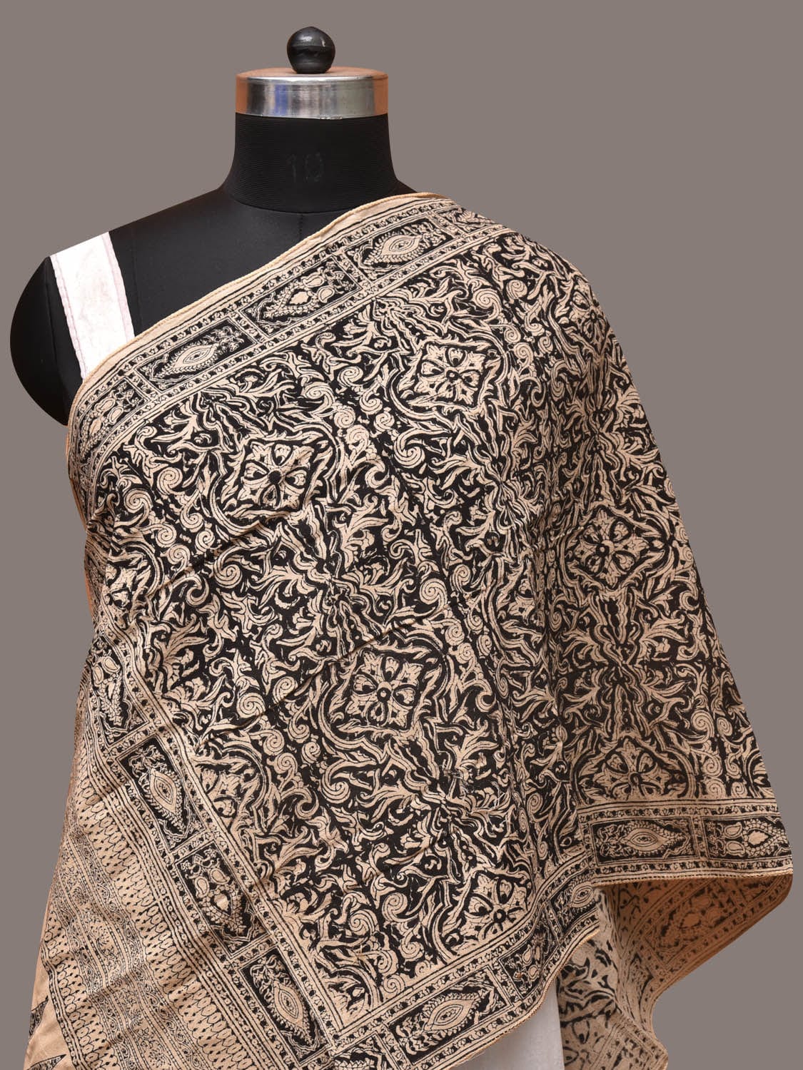 Cream and Black Kalamkari Block Print Cotton Silk Stole with Geometric Design - Global Threads - Distacart