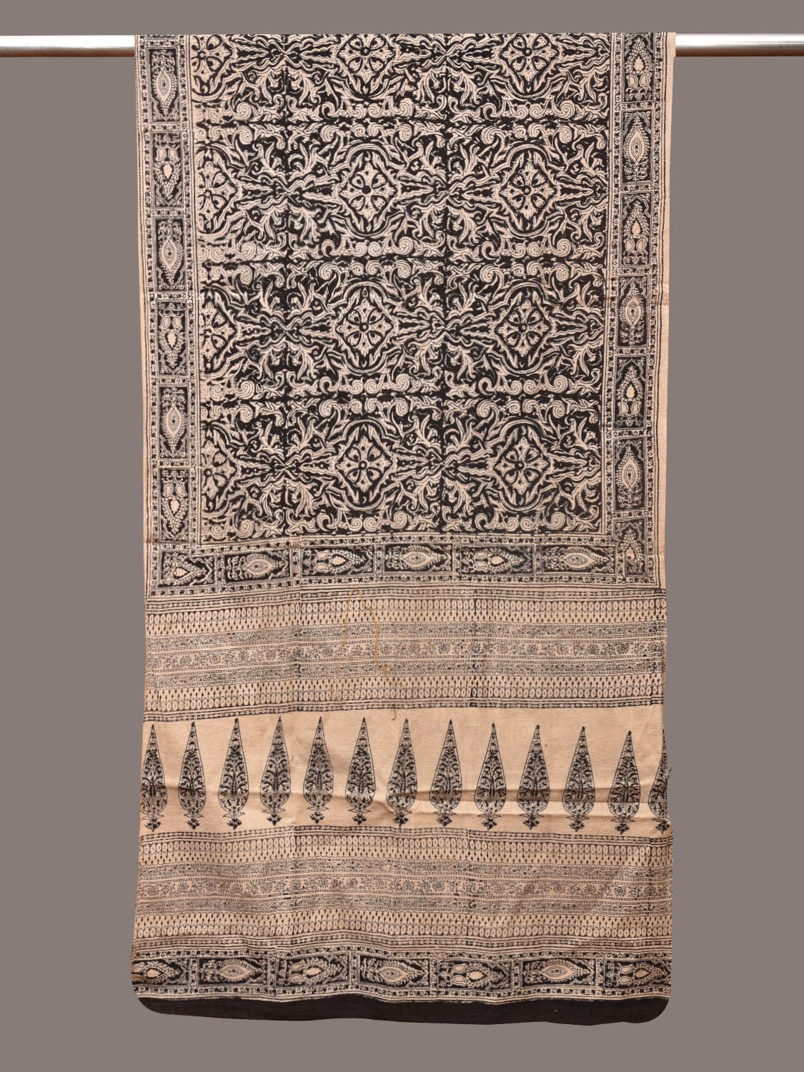 Cream and Black Kalamkari Block Print Cotton Silk Stole with Geometric Design - Global Threads - Distacart