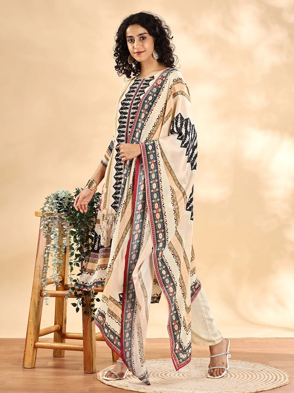 Yufta Cream And Black Pure Silk Sequins Work Straight Kurta Dupatta Pant Set