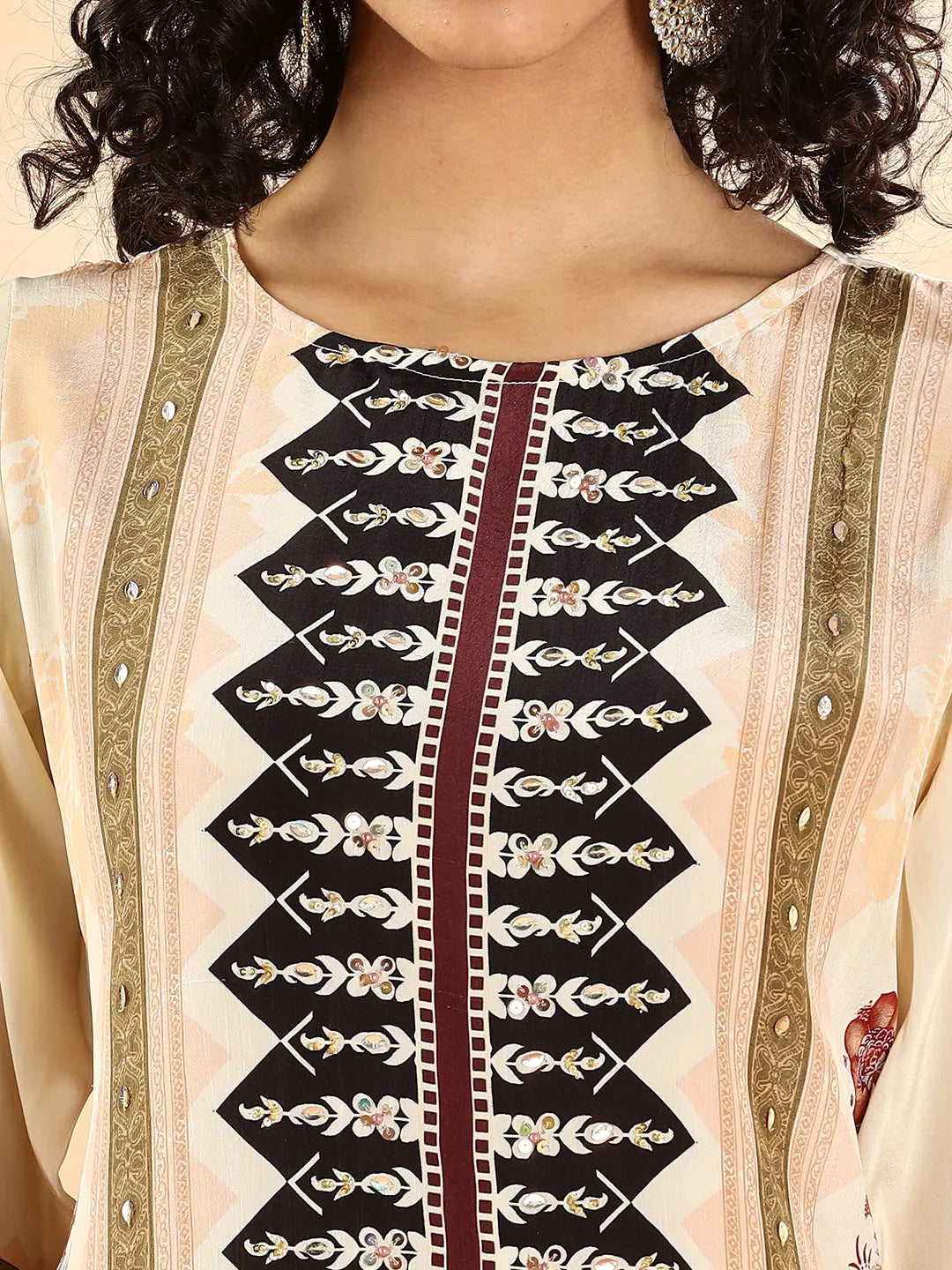 Yufta Cream And Black Pure Silk Sequins Work Straight Kurta Dupatta Pant Set