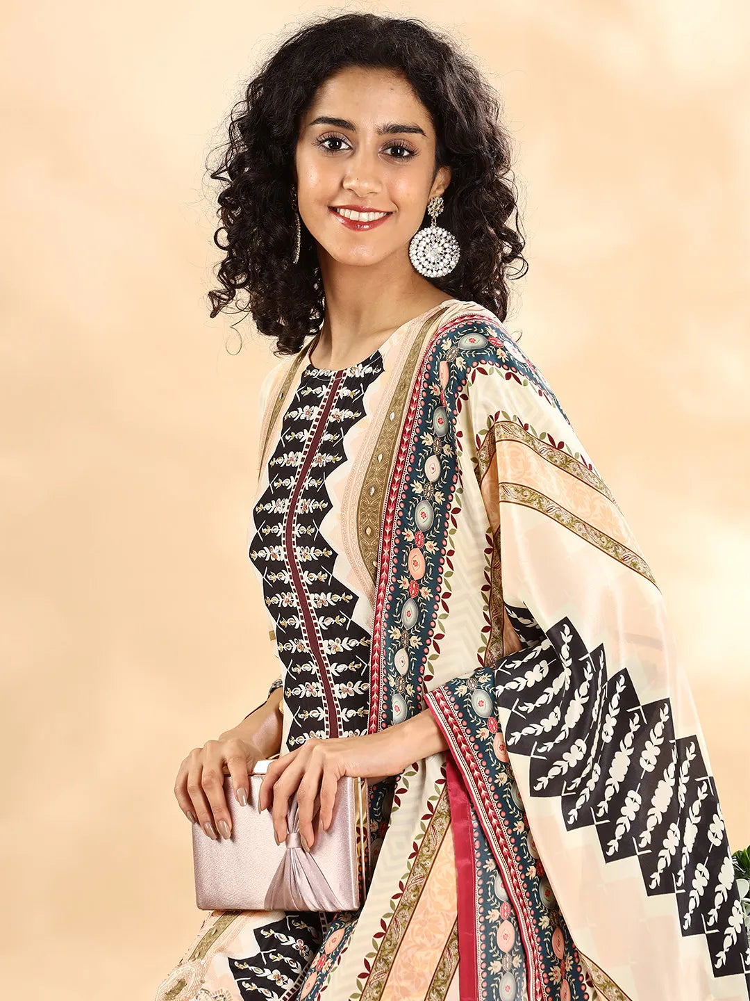 Yufta Cream And Black Pure Silk Sequins Work Straight Kurta Dupatta Pant Set