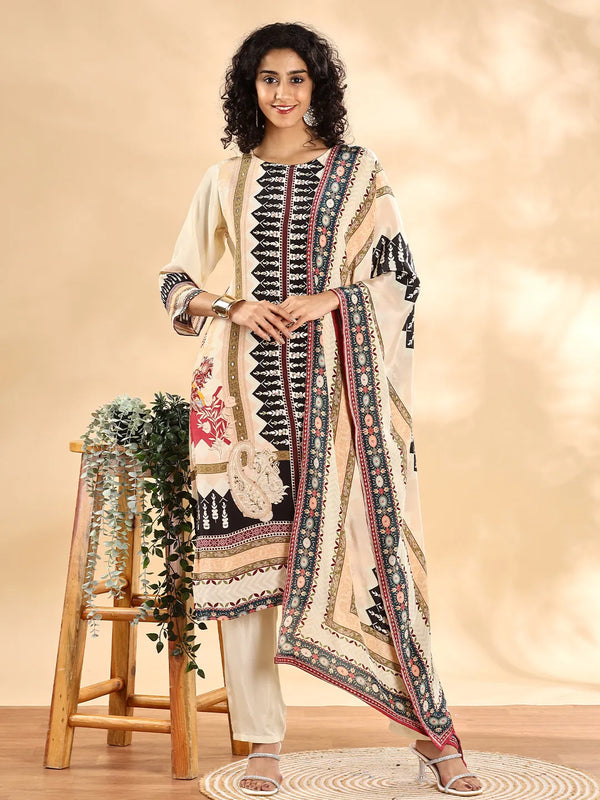 Yufta Cream And Black Pure Silk Sequins Work Straight Kurta Dupatta Pant Set