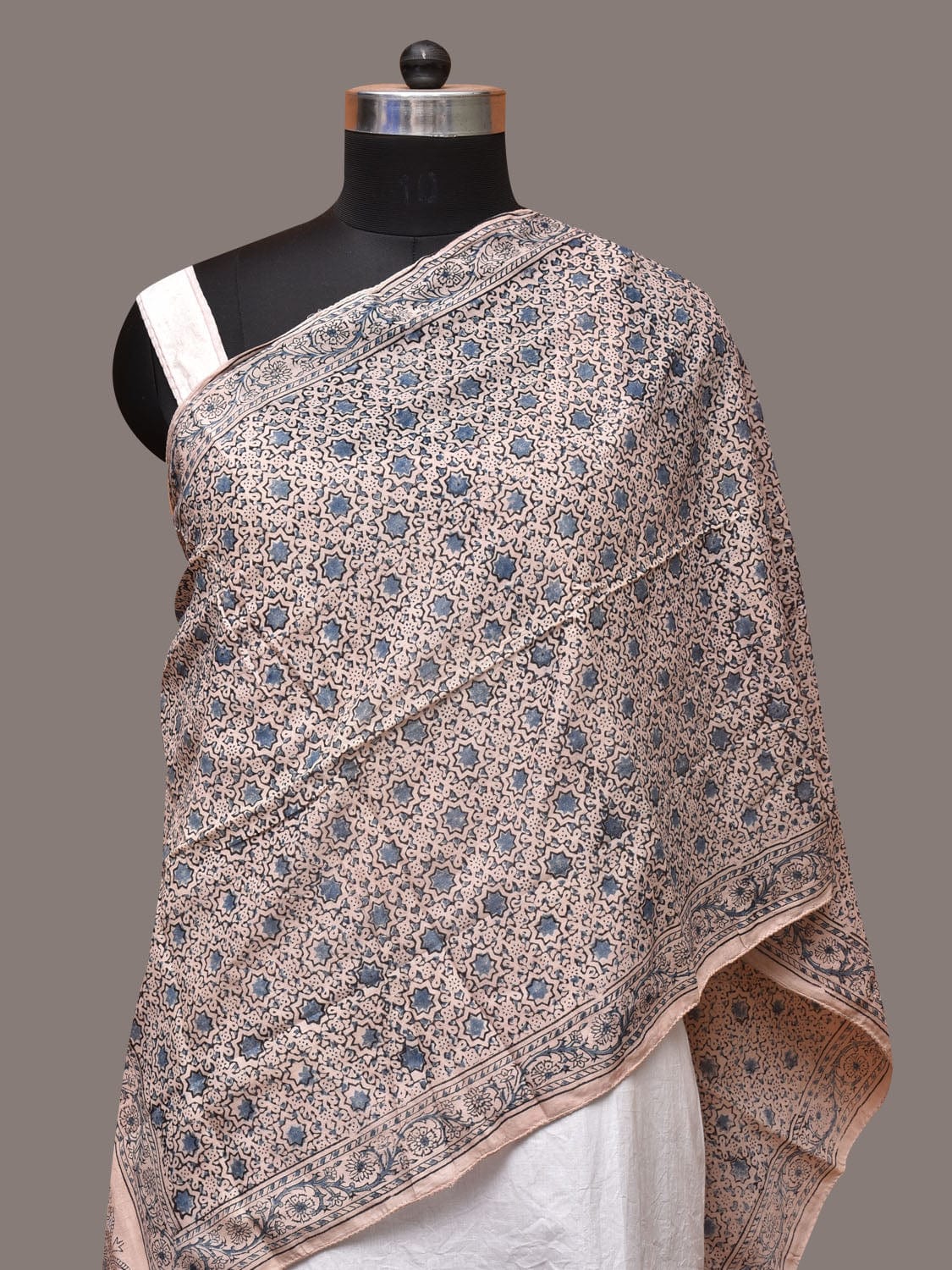 Cream and Blue Kalamkari Block Print Cotton Silk Stole with Geometric Design - Global Threads - Distacart