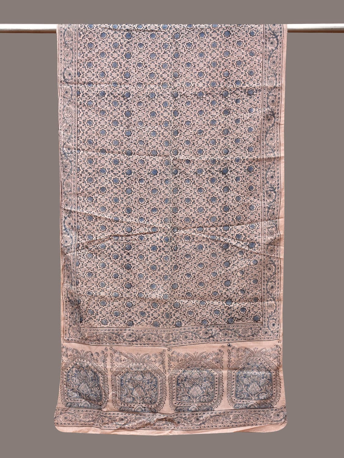 Cream and Blue Kalamkari Block Print Cotton Silk Stole with Geometric Design - Global Threads - Distacart