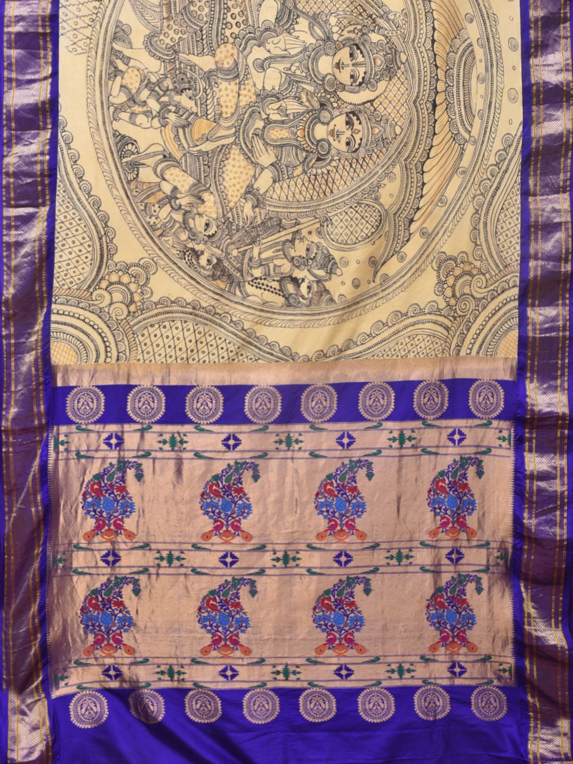 Cream and Blue Kalamkari Hand Painted Paithani Silk Handloom Saree with Ramayana Design - Global Threads - Distacart