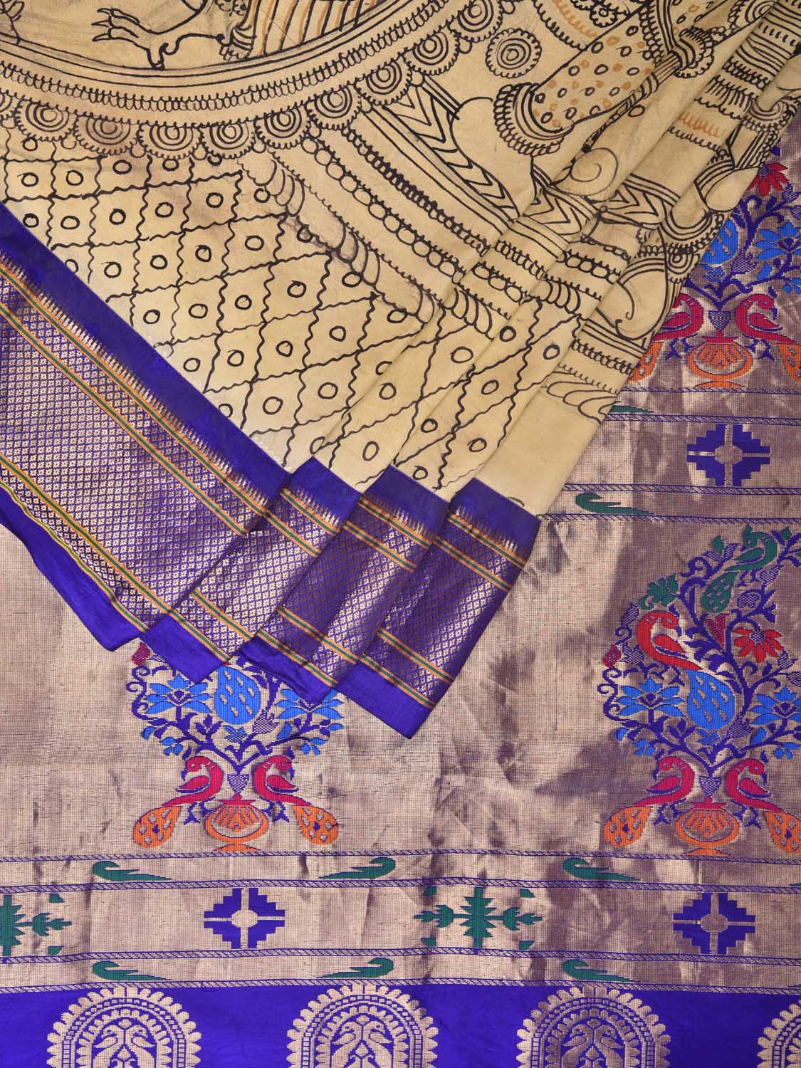 Cream and Blue Kalamkari Hand Painted Paithani Silk Handloom Saree with Ramayana Design - Global Threads - Distacart