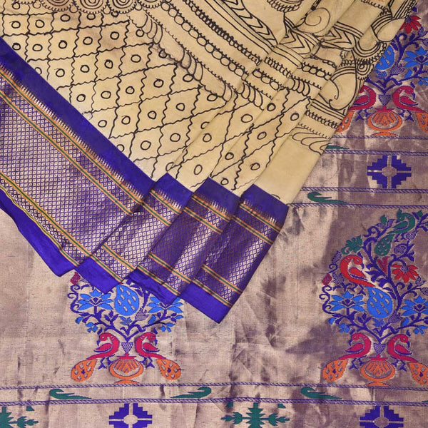Cream and Blue Kalamkari Hand Painted Paithani Silk Handloom Saree with Ramayana Design - Global Threads - Distacart