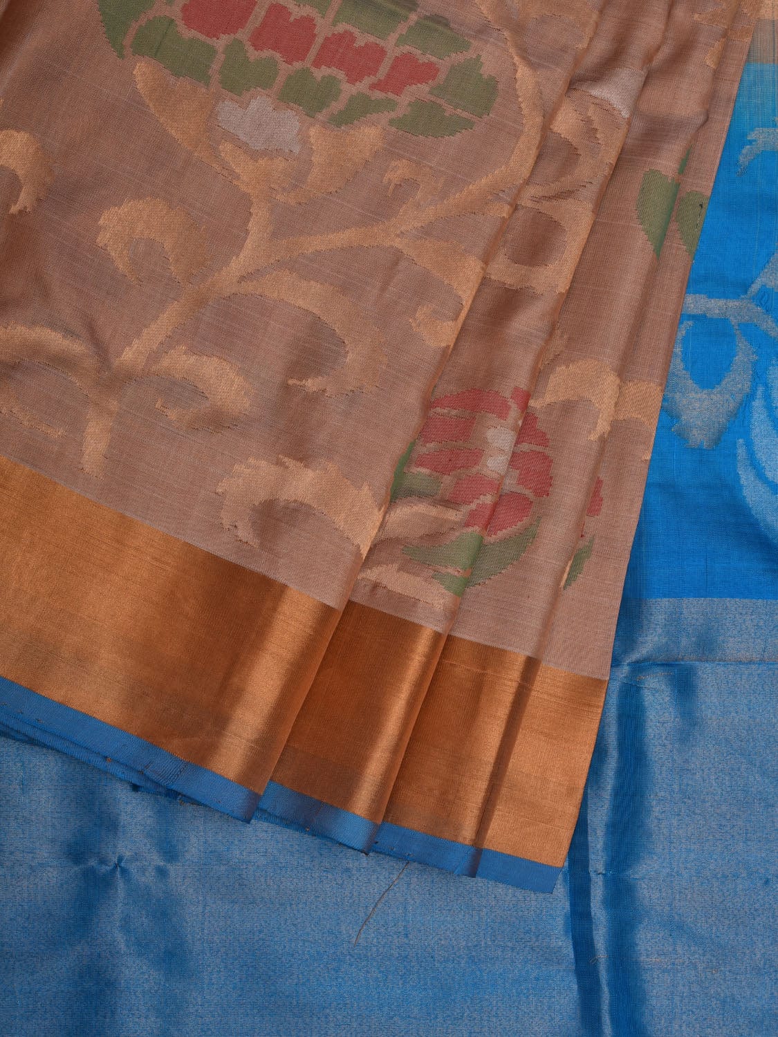 Cream and Blue Uppada Silk Handloom Saree with All Over Design - Global Threads - Distacart
