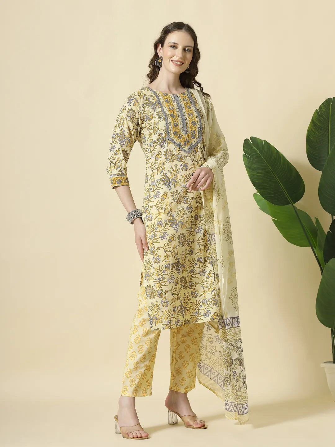 Yufta Cream And Brown Cotton Sequins Work Kurta Set With Pant & Dupatta - Distacart