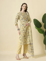 Thumbnail for Yufta Cream And Brown Cotton Sequins Work Kurta Set With Pant & Dupatta