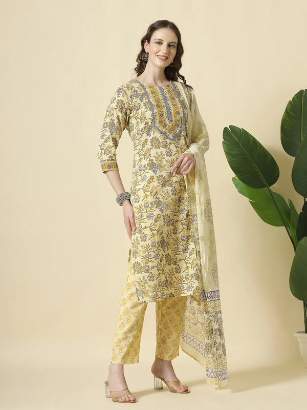Yufta Cream And Brown Cotton Sequins Work Kurta Set With Pant & Dupatta