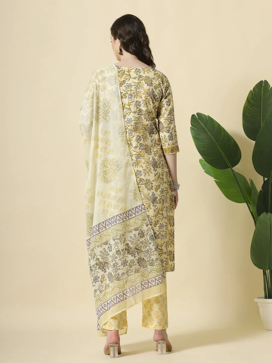 Yufta Cream And Brown Cotton Sequins Work Kurta Set With Pant & Dupatta