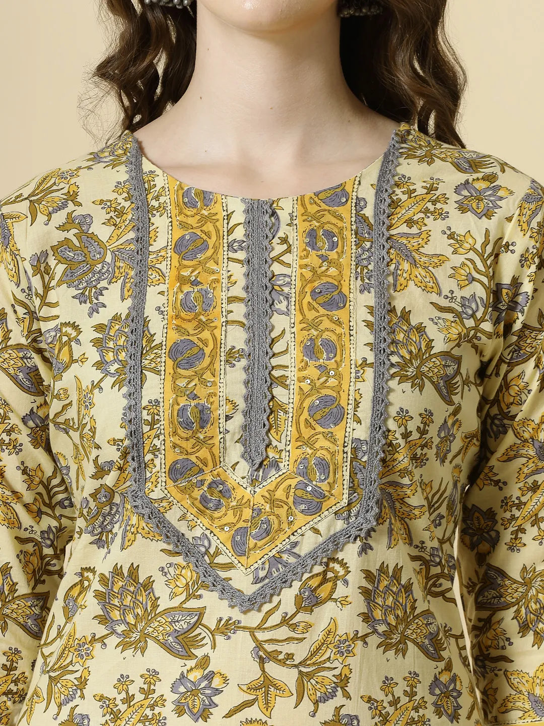 Yufta Cream And Brown Cotton Sequins Work Kurta Set With Pant & Dupatta