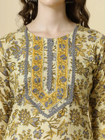 Thumbnail for Yufta Cream And Brown Cotton Sequins Work Kurta Set With Pant & Dupatta