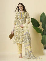 Thumbnail for Yufta Cream And Brown Cotton Sequins Work Kurta Set With Pant & Dupatta